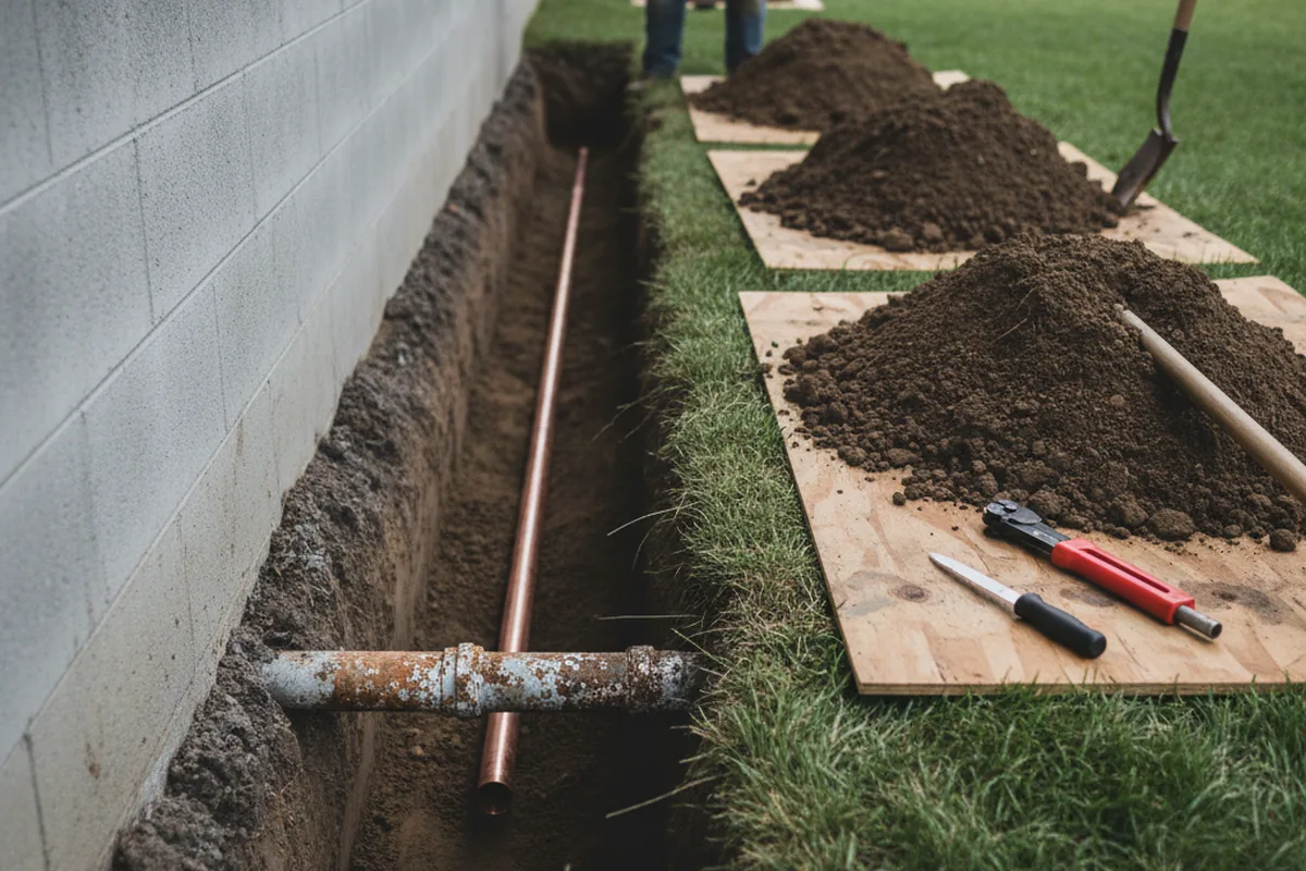 Excavated water line trench during Water Softener Installation in South Point